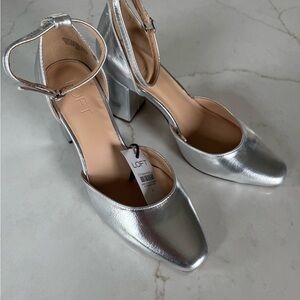 New LOFT Metallic Silver Ankle-Strap Block Heels